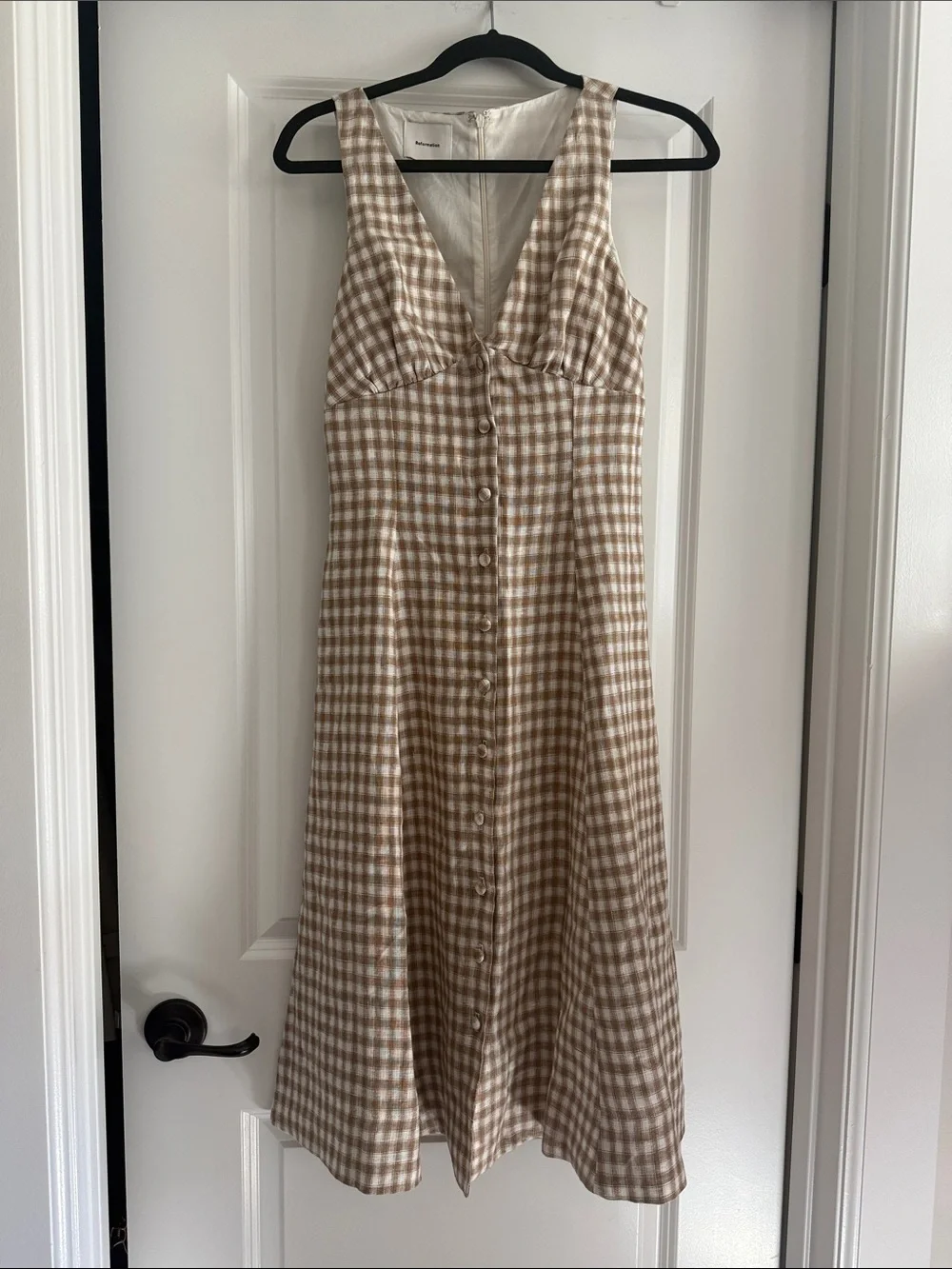 Reformation Beige Gingham Button-Front Midi Dress - Picture 1 of 3